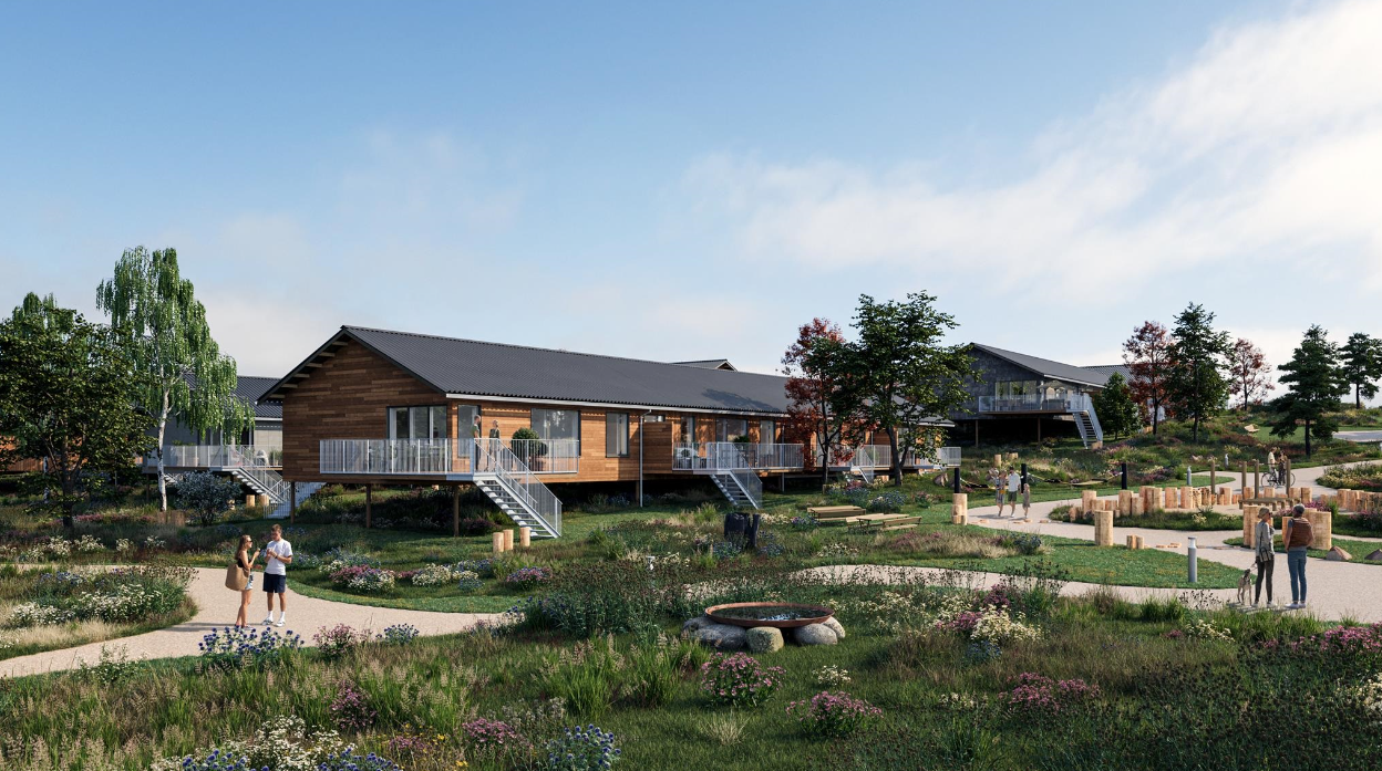 Arkitektvisualisering af rækkehusene i Bakkekvarteret i Vinge